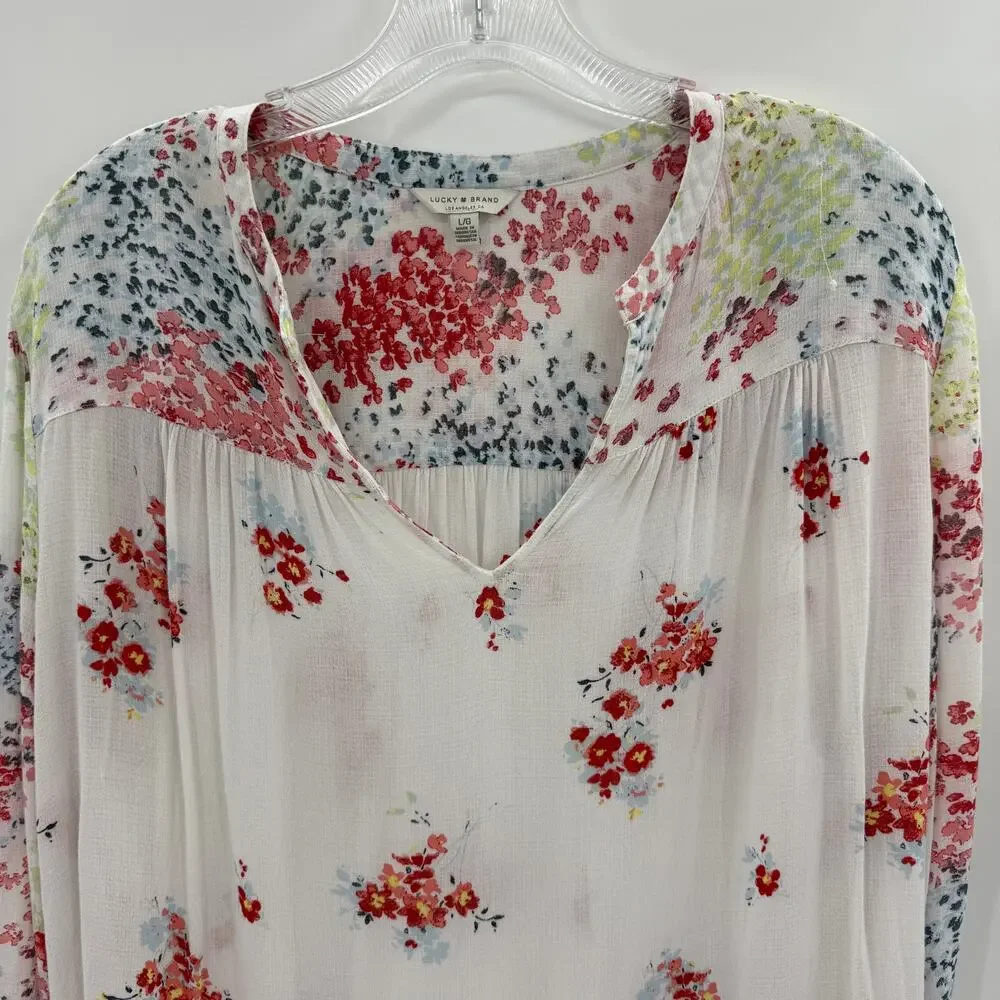 LUCKY BRAND Womens Floral Semi Sheer Shirt Size L Long Sleeve Boho Festival Top